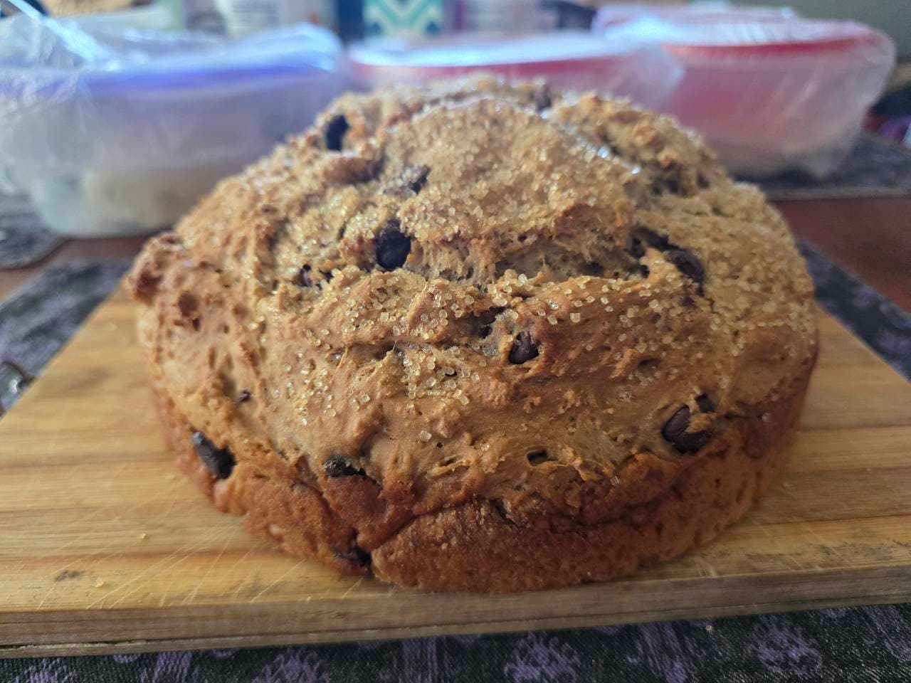 Sweet banana 🍌 chocolate chip sourdough discard irish soda bread. With sugar cr (1/4)